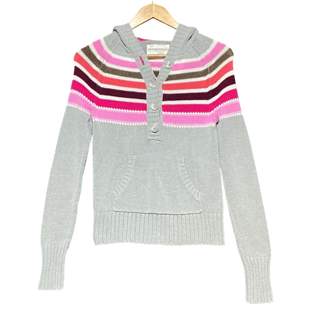 Aeropostale Y2K Women's Gray Striped Henley Hoodie Sweater Medium Retro Pocket